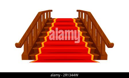 Schloss und Palasttreppe. Holztreppe mit rotem Teppich. Eine isolierte Vektorleiter aus Holz mit Geländer, geschmückt mit einem luxuriösen Teppich, führt zur großen Halle des mittelalterlichen Eingangs oder zum königlichen Flur Stock Vektor