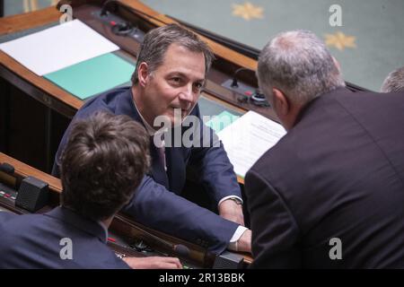 Brüssel, Belgien. 11. Mai 2023. Premierminister Alexander De Croo nahm am Donnerstag, den 11. Mai 2023, auf einer Plenarsitzung der Kammer im Bundesparlament in Brüssel ein Bild auf. BELGA FOTO NICOLAS MAETERLINCK Kredit: Belga News Agency/Alamy Live News Stockfoto