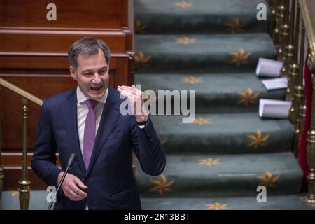 Brüssel, Belgien. 11. Mai 2023. Premierminister Alexander De Croo nahm am Donnerstag, den 11. Mai 2023, auf einer Plenarsitzung der Kammer im Bundesparlament in Brüssel ein Bild auf. BELGA FOTO NICOLAS MAETERLINCK Kredit: Belga News Agency/Alamy Live News Stockfoto