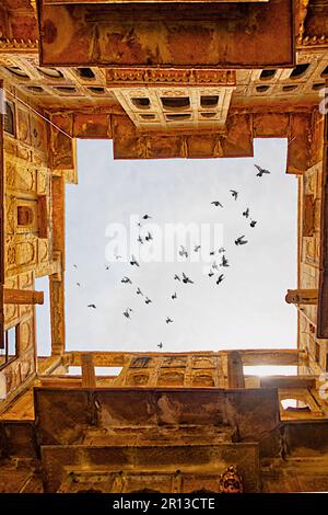 Blick auf eine Terrasse von unten und die Tauben, die im bewölkten Himmel fliegen Stockfoto