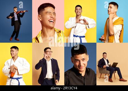 Fotoset-Collage mit Porträts eines emotionalen jungen Mannes in verschiedenen Modestil-Outfits, die nur positive glückliche Emotionen ausdrücken Stockfoto