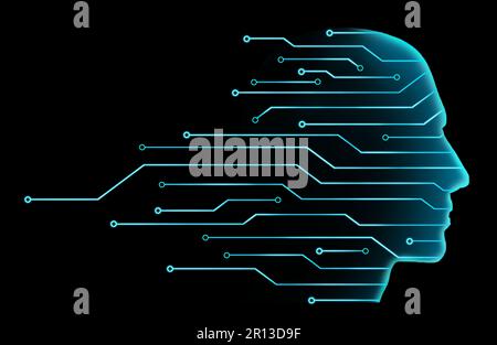 Head Blue Circuit künstliche Intelligenz (KI). Silhouette des menschlichen Kopfes mit Leiterplatte auf schwarzem Hintergrund Stockfoto