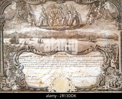 Acción de 250 Pesos de la Real Compañía de Comercio de Barcelona, 1759. Foment del Treball Nacional de Barcelona. Stockfoto