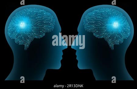 Menschlicher Kopf mit Gehirn-Mikrochip und Hauptplatinenstruktur, blaues Leuchten. Das Konzept der künstlichen Intelligenz Stockfoto