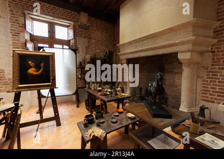 Das Atelier von Leonardo da Vinci. Château du Clos Lucé (15h. Jahrhundert). Amboise-Gemeinde im Departement Indre-et-Loire. Loire-Tal. Frankreich Stockfoto