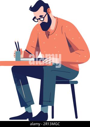 Mann sitzt am modernen Schreibtisch und arbeitet Stock Vektor
