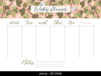 Druckbares Wochenplanerkonzept mit grüner Stachelbeerpflanze, Vektor Stock Vektor