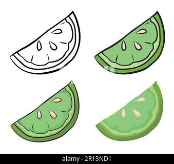 Vier Variationen einer Zitronenscheibe: Eine in Umrissen zum Färben, eine in flachen Farben und die andere im Cartoon-Stil. Stock Vektor