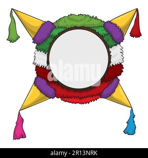 Traditionelle und farbenfrohe Pinata mit leerem Bereich auf einem runden Knopf. Cartoon-Design auf weißem Hintergrund. Stock Vektor