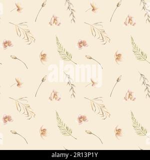 Blumenmuster mit rosafarbenen Orchideenblumen und getrockneten Zweigen auf isoliertem beigefarbenem Hintergrund. Handgezeichnete botanische Darstellung in Aquarell mit Pflanzen und Kräutern für Textil- oder Geschenkpapierdekorationen. Stockfoto