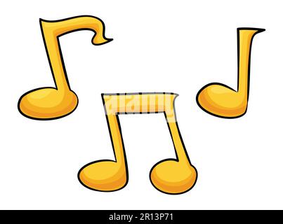 Drei goldene Musiksymbole im Cartoon-Stil: Achte Note, bestrahlte achte Note und Viertelnote. Stock Vektor