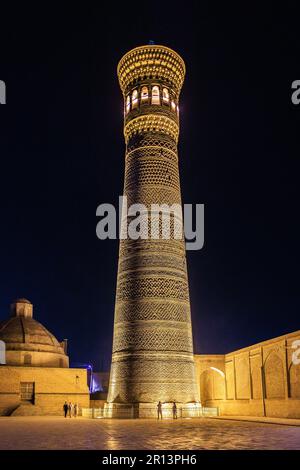 Flutlichtszene des Po-i-kalyan-Komplexes mit dem Kalon-Minarett in bukhara usbekistan Stockfoto