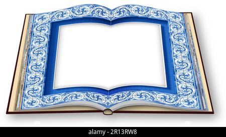 Rahmendesign mit typisch portugiesischen Dekorationen namens Aulejos - 3D-Rendering-Konzept eines geöffneten Fotobuchs isoliert auf Weiß - Ich bin die Kopie Stockfoto