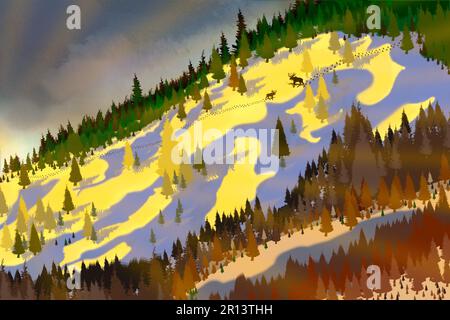 Digitale Kunstmalerei 3D 3-dimensional inspiriert von den wunderschönen Bergen des Yukon Territory, Kanada, mit zwei Elchen und Spuren im Schnee bei Sonnenuntergang. Stockfoto