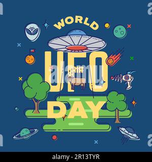 Abstrakter Vektor-Grußkarten-Etikettenvorlage für den Welt-UFO-Tag. Alien Spaceship Cow Abduction Flat Graphics Illustration mit Aliens Face, Blaster Gun Stock Vektor