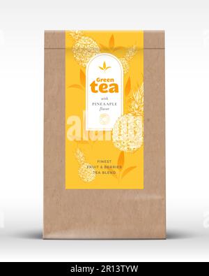 Craft-Papierbeutel mit Obst- und Beerentetikett. Realistisches Verpackungsdesign Für Vektortaschen. Moderne Typographie, handgezeichnete Ananas und Blätter Stock Vektor