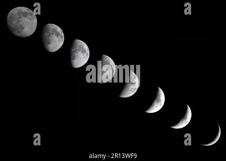 Mondzeitraffer aller Phasen des Mondzyklus auf schwarzem Hintergrund. Weltraum, Welt, Weltraum-Tapete, Design. Phasen. Stockfoto