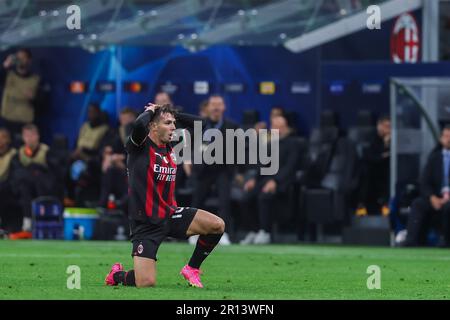 Mailand, Italien. 10. Mai 2023. Brahim Diaz vom AC Milan reagiert während des Halbfinale 1.-Bein-Fußballspiels der UEFA Champions League 2022/23 zwischen dem AC Mailand und dem FC Internazionale im San Siro Stadium. (Endergebnisse; Mailand 0 | 2 Inter). (Foto: Fabrizio Carabelli/SOPA Images/Sipa USA) Guthaben: SIPA USA/Alamy Live News Stockfoto