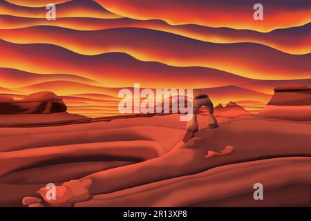 Ein einzigartiges 3D 3-dimensionales handgezeichnetes digitales Kunstgemälde des Arches-Nationalparks, Utah, Vereinigte Staaten von Amerika. Abstrakt, Reisen, Tourismus Stockfoto
