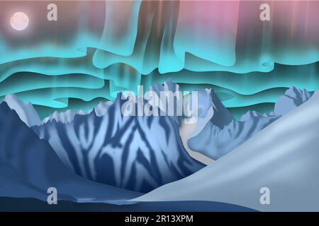 Digitale Kunstwerke des Tombstone Territorial Park in der Wintersaison mit aurora-Bands am Himmel und Vollmond. Kunst basierend auf Yukon Territory, Kalifornien Stockfoto