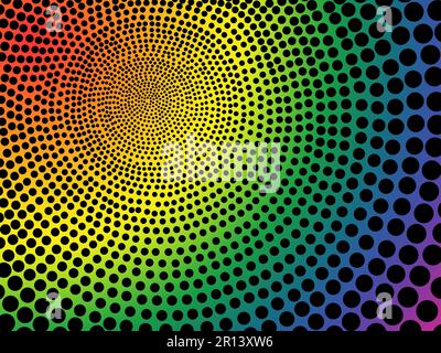 Abstraktes Kunstdesign eines regenbogenfarbenen Kreismusters mit schwarzem Hintergrund. Handgezeichnete digitale Kunst. Mehrfarbige Punkte, Kreismuster Stockfoto