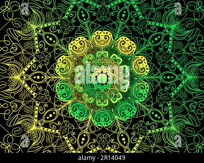 Grüne, gelbe Mandala-Hand auf schwarzem Hintergrund, die den gesamten Rahmen in abstraktem, künstlerischem Design füllt. Stockfoto