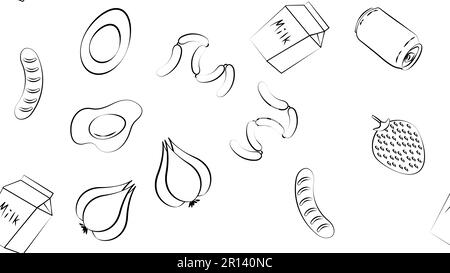 Schwarz-Weiß endlose nahtlose Muster von Speisen und Snacks Ikonen für das Restaurant Bar Café: Würstchen, Limonade, Würstchen, Ei, Knoblauch, Milch, Strohhalm Stock Vektor