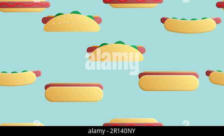 Nahtlose endlose Auswahl an leckeren, leckeren Hot Dogs und Fast Food auf blauem Hintergrund. Textur. Stock Vektor