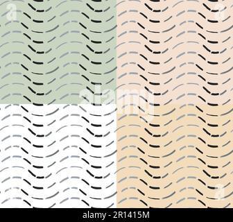 Abstraktes Wave Grunge Nahtloses Muster, Pinselstriche mit Farbe, gebogenes Schwarzweißraster, optische Täuschung, zeitgenössische geometrische Formen Stock Vektor