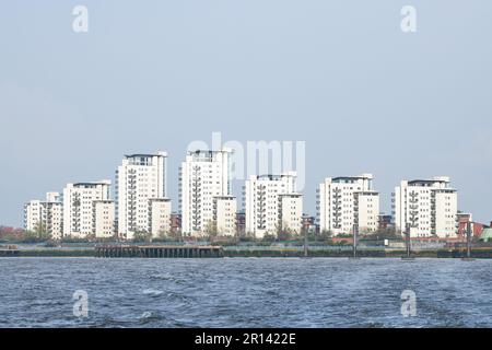 Moderne Apartments am Ufer der Themse in der Nähe von Woolwich, London, England. Stockfoto