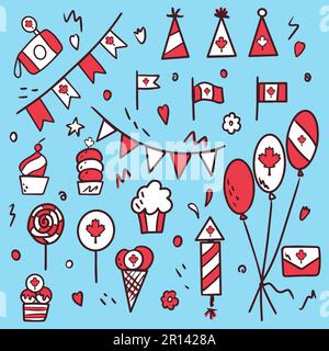 Nationalfeiertag Kanadas. Am 1. Juli. Satz von Symbolen und Symbolen im Kritzelstil. Ahornblatt als Symbol. Grußkarte, Banner oder Poster. Vektor Stock Vektor