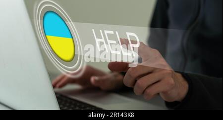 Virtueller Bildschirm mit Hilfe für die Ukraine Stockfoto