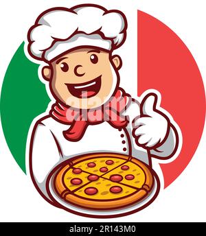 Koch Happy Cartoon hält ein Tablett mit Pizza und gibt einen Daumen-hoch-Logo Maskottchen-Illustrationsvektor Stock Vektor