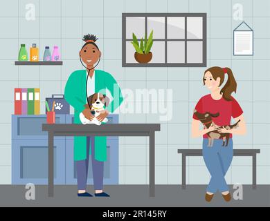 Ein Mädchen mit Hund bei einem Arzttermin in einer Tierklinik. Der Arzt untersucht den Welpen. Vektordarstellung. Stock Vektor