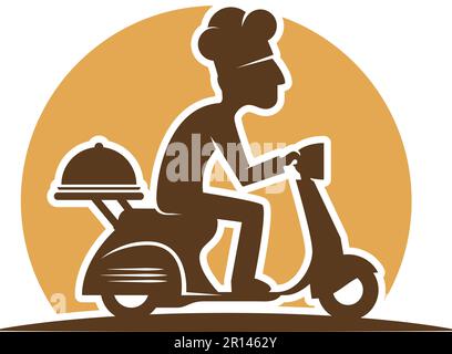 Küchenchef mit einer vespa-Roller-Zeichentrickfilm-Logo-Vektorvorlage Stock Vektor