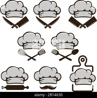 Restaurant Chefkoch hat Logo-Set. Schneidebrett, Löffel, Spachtel, Messer, Hackmesser, Rollende Utensilien Küche. Stock Vektor