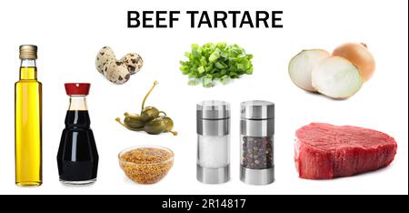 Set mit verschiedenen frischen Zutaten für leckere Rindertartare auf weißem Hintergrund Stockfoto