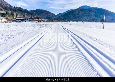Zwei frisch gepflegte Pisten für Skilanglauf an einem Wintermorgen Stockfoto