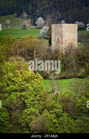 Der Pulverturm von Presule/Prösels Castle. Fiè allo Sciliar/Völs am Schlern. Provinz Bozen, Trentino Alto Adige, Italien. Stockfoto