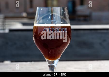 Averbode, Laakdal, Belgien - 21. April 2023 - Glas rotbraunes Abbey Bier Stockfoto