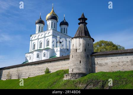 Blick auf die Trinity Cathedral und den Mittelturm im Kreml von Pskov. Russland Stockfoto