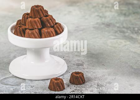 Pralinen aus Schokolade in Form von kleinen Bundt-Kuchen, mit Kakao bestaubt, auf hellgrauem Hintergrund, Kopierraum Stockfoto