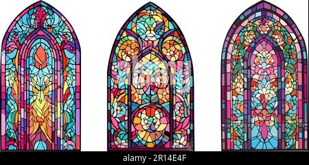 Katholische oder christliche Dekorationen. Kirchentafeln, dekoriert mit farbigem Mosaikglas in verschiedenen Formen. Wunderschöne Sammlung von Glasfenstern mit einem abstrakten Bild Stock Vektor