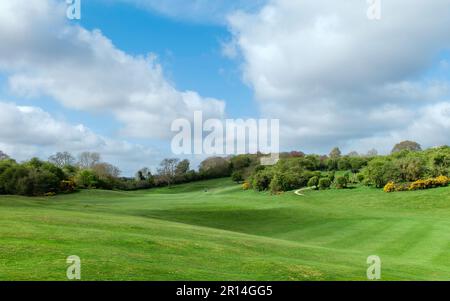 Westwood Park mit Golfern (nicht in dieser Szene), flankiert von Bäumen und Sträuchern unter hellblauem Himmel mit Wolken in Beverley, Yorkshire, Großbritannien. Stockfoto