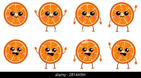 Süßes Kawaii-Stil Orangenobstscheiben-Symbol, große lächelnde Augen. Version mit erhobenen, abgesenkten und winkenden Händen Stock Vektor