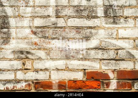 Eine teilweise weiß getünchte Ziegelwand mit Graffiti-Wirbeln bildet ein Interessantes urbanes Design Stockfoto