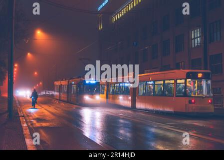 berliner Straßenbahn im Nebel, Straßenbahn im Nebel, nass, verschwommen Stockfoto