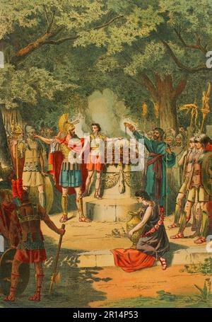 Hannibal Barca (247-183 v. Chr.). Karthaginischer General und Staatsmann. Hannibal im Tempel von Karthago mit seinem Vater Hamilcar Barca, im Alter von neun Jahren, der einen Eid des ewigen Hasses auf Rom ablegte, indem er seine Hände in das Blut des geopferten Tieres tauchte. Chromolithographie. "Historia Universal" von César Cantú. Band II, 1881. Stockfoto