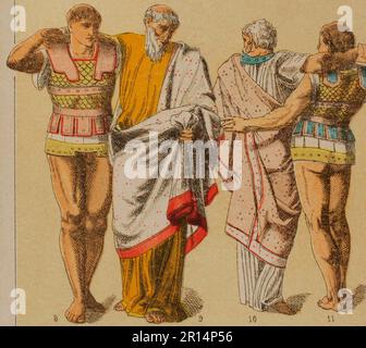 Etruskaner. Von links nach rechts: 8- etruskische Rüstung, 9 und 10: Chiton, 11- etruskische Rüstung. Chromolithographie. "Historia Universal" von César Cantú. Band II, 1881. Stockfoto