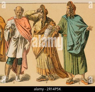 Römische Zeiten. Von links nach rechts: 4-Tribun-Kostüm, 5 und 6-Schauspieler. Chromolithographie. "Historia Universal" von César Cantú. Band II, 1881. Stockfoto